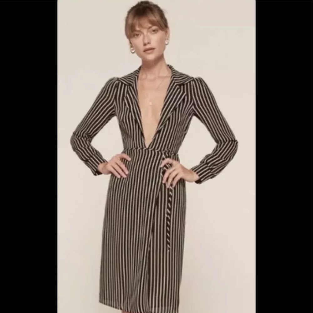 Reformation Black and White Striped Midi Wrap Dress